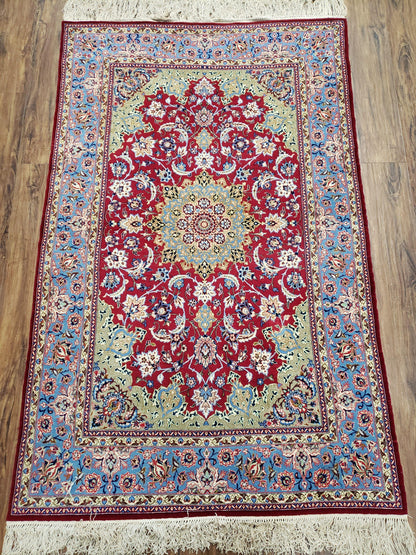 Semi Antique Persian Isfahan Rug, Kork Wool on Silk Foundation, Red & Blue, Top Quality, 3'6" x 5' 6"
