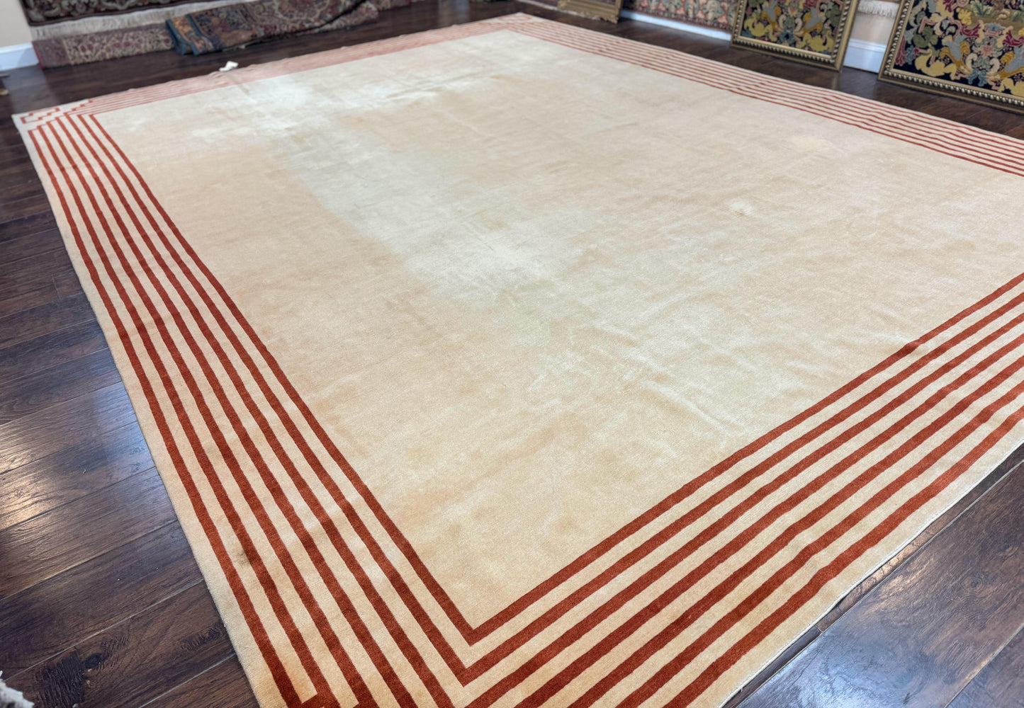 Modern Tibetan Rug 11 x 14.6, Wool and Silk, Simple Design, Handmade Large Area Rug, Cream