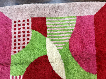 European Shag Rug 4.8 x 4.8, Modern Abstract Design, Green Pink Red, Square Shag Rug, Unique