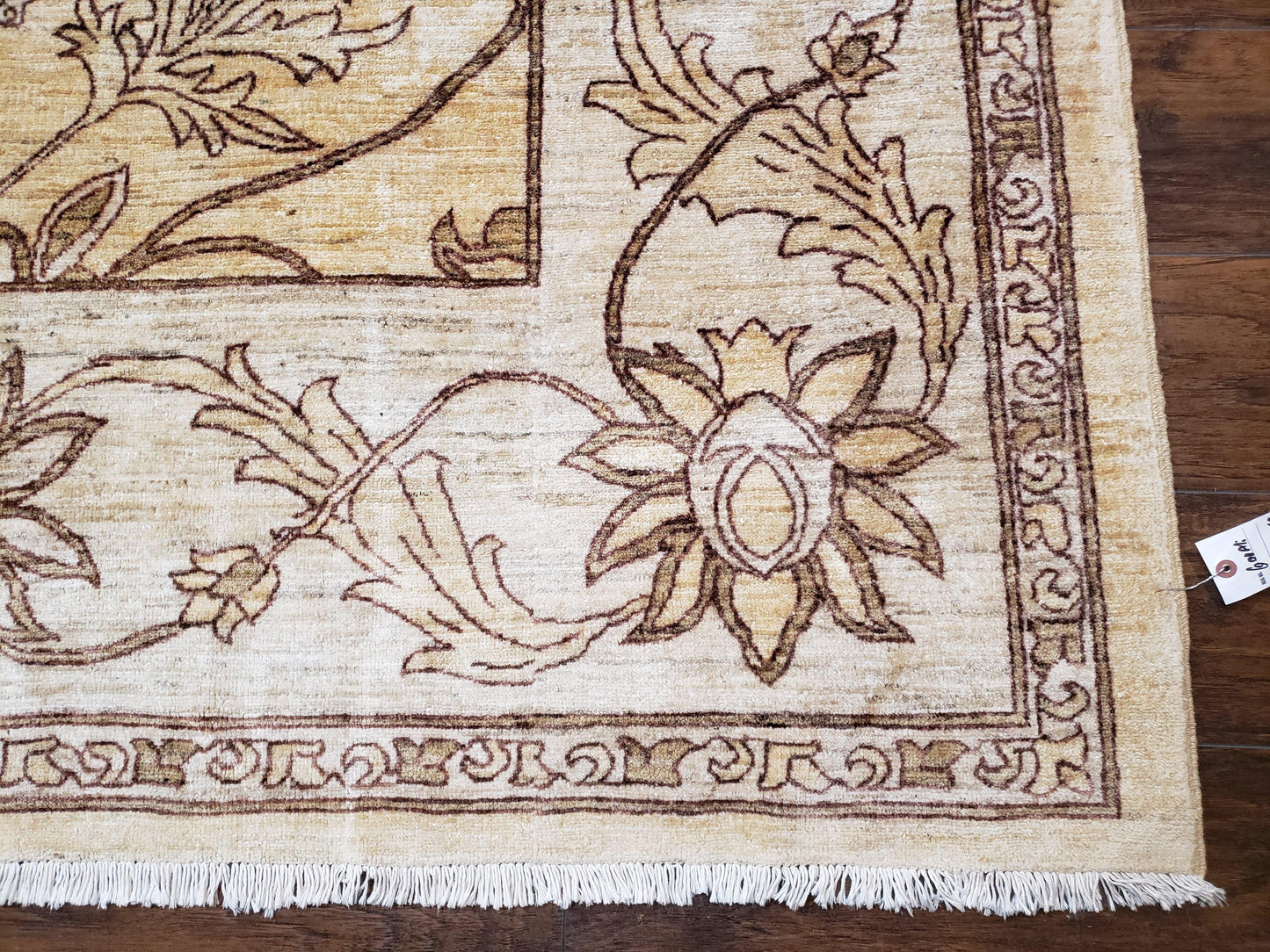 Oversized Peshawar Chobi Oushak Area Rug 11.6 x 12.5, Wool Hand-Knotted Light Gold & Ivory Decorative Pakistani Floral Carpet, 11x12 - 12x13