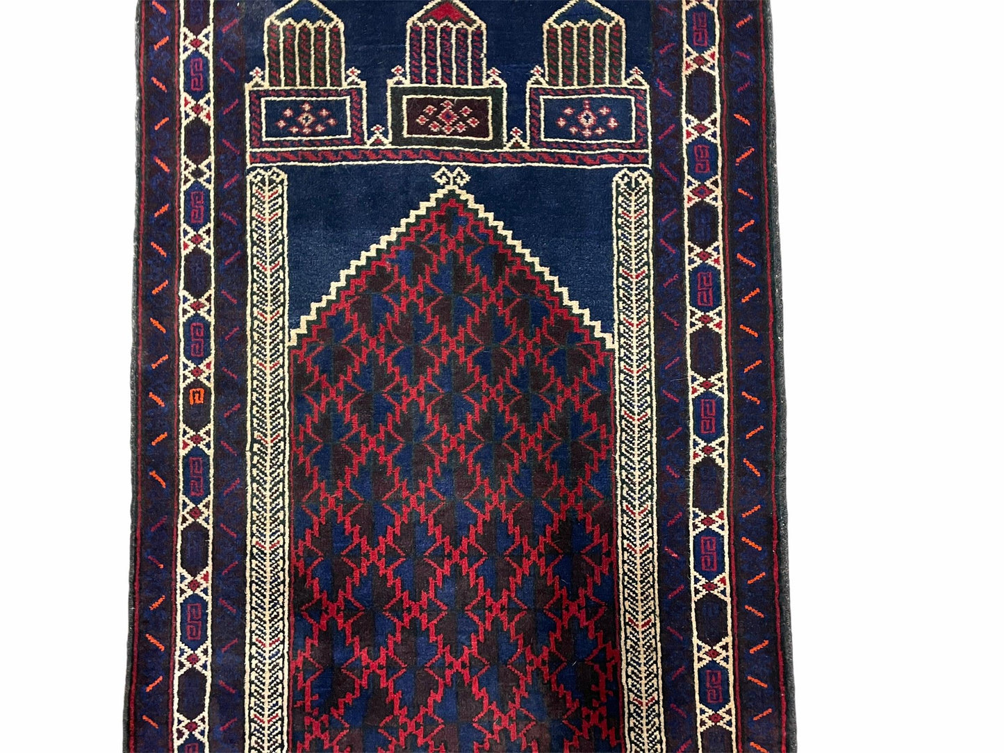 Balouchi Prayer Rug 3x5 Vintage Handmade Tribal Wool Afghan Rug Red Blue