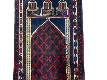 Balouchi Prayer Rug 3x5 Vintage Handmade Tribal Wool Afghan Rug Red Blue