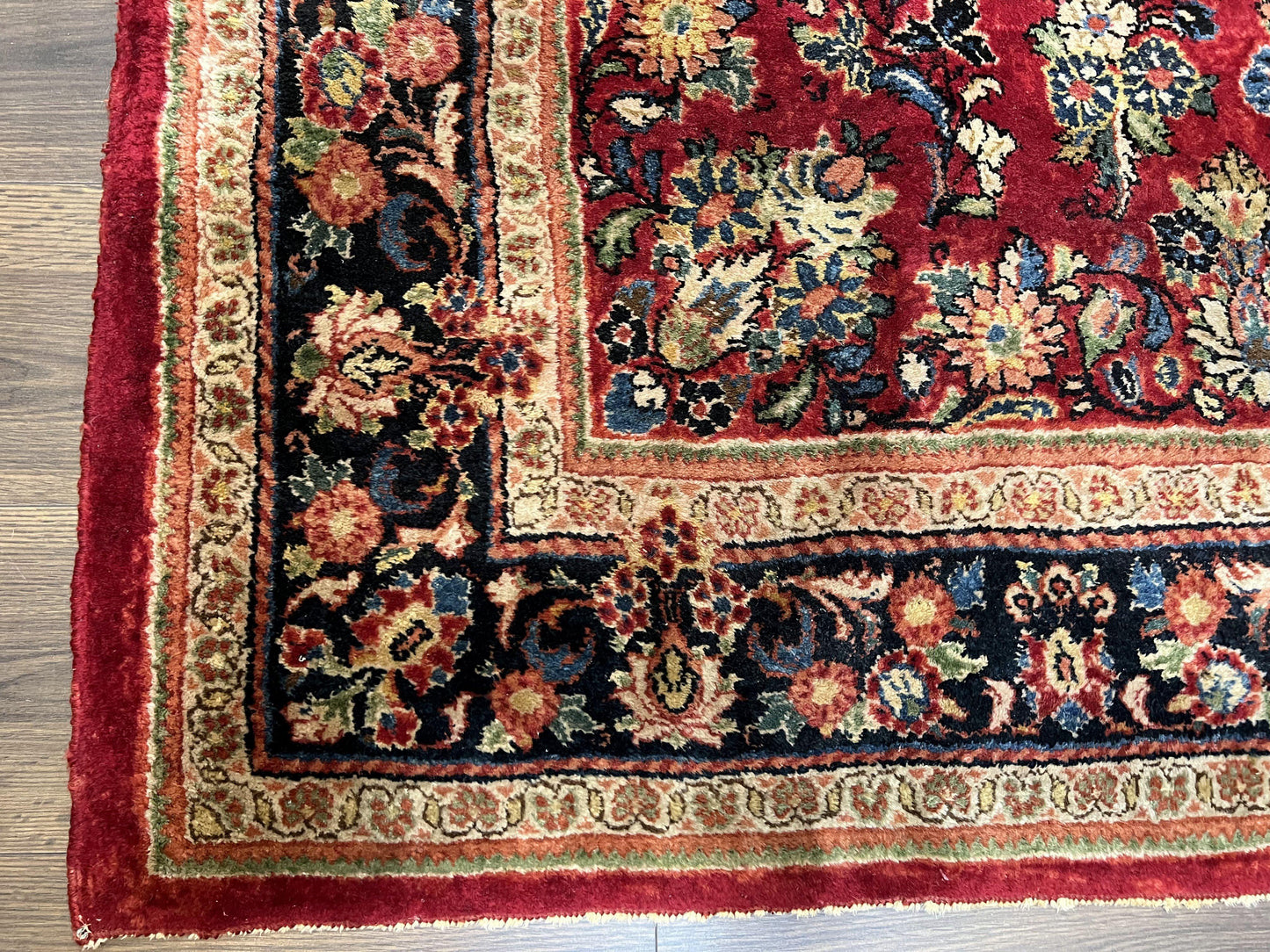 Rare Persian Almost Square Rug 6.3 x 5.3, Hand Knotted Wool Antique 1920s Sarouk Oriental Carpet, Red Navy Blue Beige, Floral Allover, 5x6 Area Rug