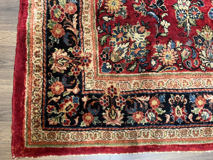 Rare Persian Almost Square Rug 6.3 x 5.3, Hand Knotted Wool Antique 1920s Sarouk Oriental Carpet, Red Navy Blue Beige, Floral Allover, 5x6 Area Rug