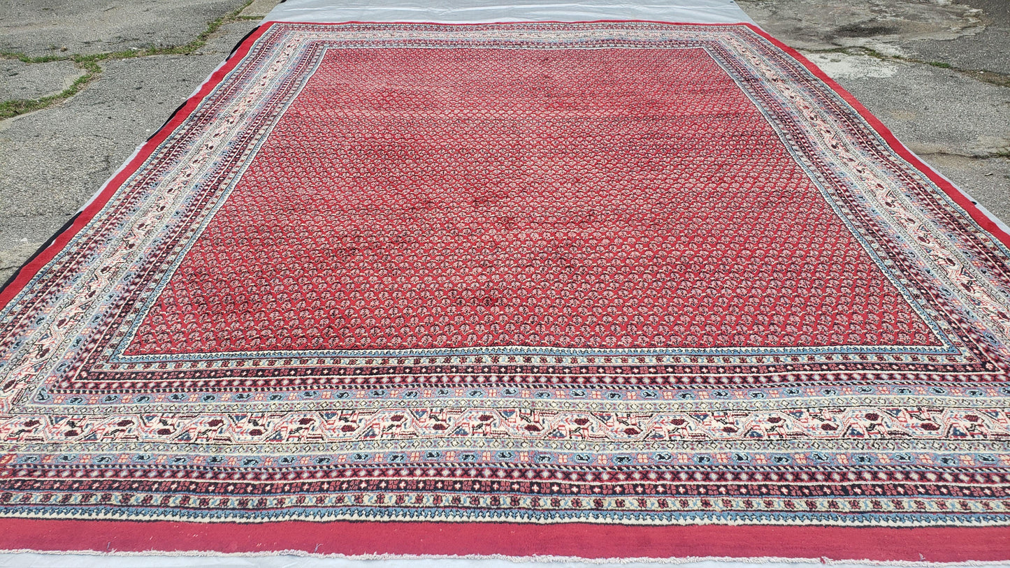 Persian Sarouk Mir Pattern, Red and Beige, Hand-Knotted, Wool, Paisley Boteh Design, 9'9" x 13', Semi Antique