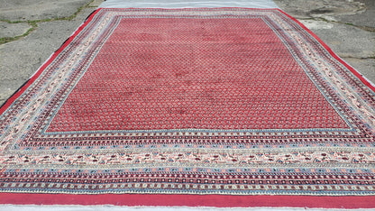 Persian Sarouk Mir Pattern, Red and Beige, Hand-Knotted, Wool, Paisley Boteh Design, 9'9" x 13', Semi Antique
