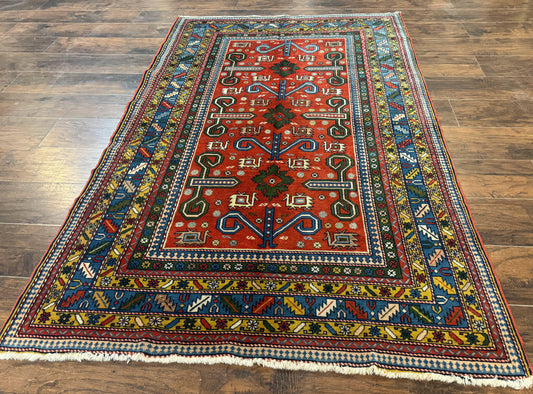 Colorful Persian Ardabil Rug 4x7, Red Blue Gold, Geometric Caucasian Design, Vintage