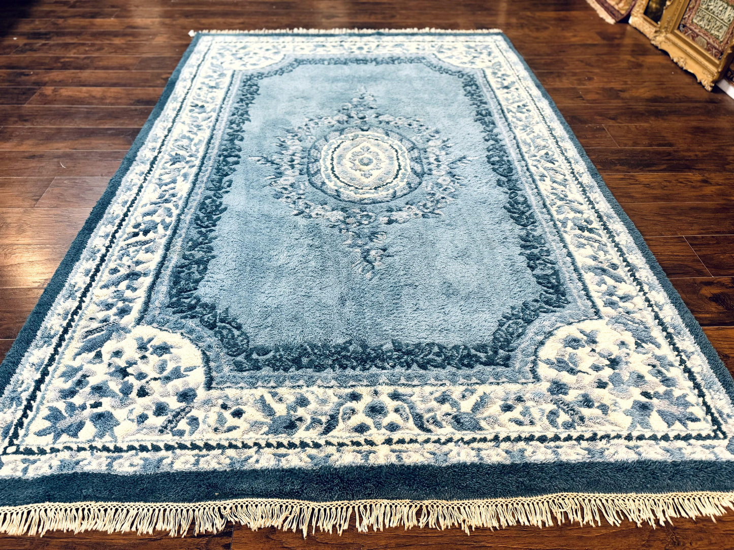 Indo Chinese Aubusson Rug 6x9 Handmade Vintage Wool Carpet Light Blue And Ivory