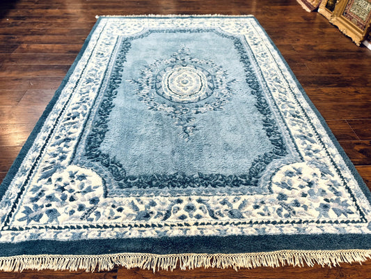 Indo Chinese Aubusson Rug 6x9 Handmade Vintage Wool Carpet Light Blue And Ivory