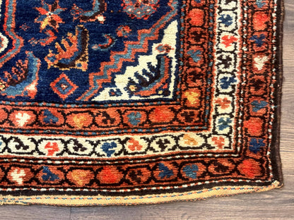 Persian Hamadan Rug 4x6 Antique Navy Blue Geometric Double Medallions Tribal Carpet