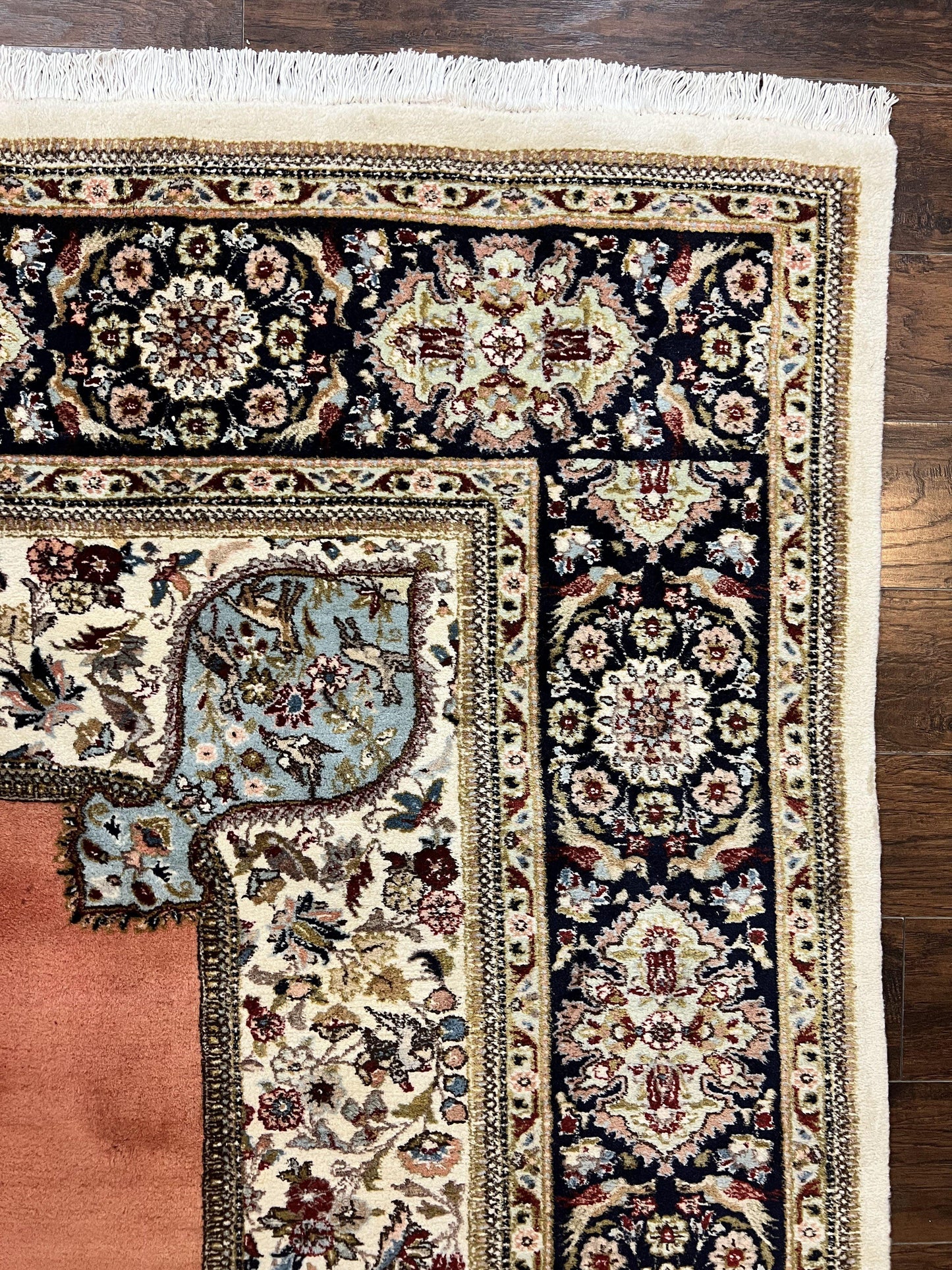 Persian Tabriz Rug 10x13, Wool Hand Knotted Vintage Carpet, Salmon Red & Ivory, Semi Open Field, Birds & Animal Motifs, Large Rug