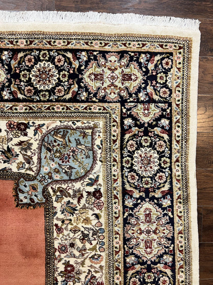 Persian Tabriz Rug 10x13, Wool Hand Knotted Vintage Carpet, Salmon Red & Ivory, Semi Open Field, Birds & Animal Motifs, Large Rug