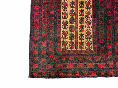 Turkoman Balouch Handmade Wool Rug Three By Three Point Five Vintage Red Tribal Prayer Carpet