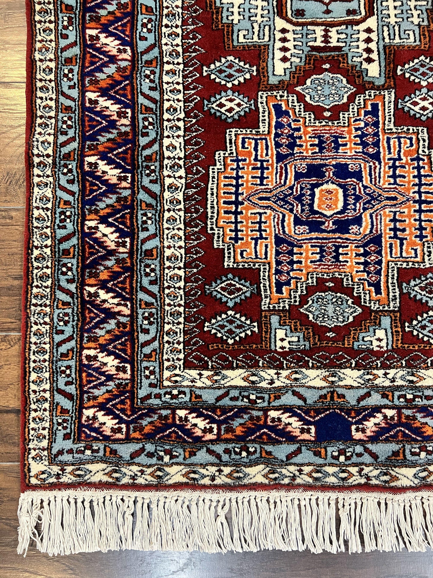 Kazak Rug Vintage Handmade Wool 3x5 Ft Pakistani Geometric Dark Red Oriental Carpet