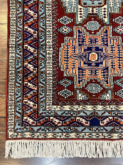 Kazak Rug Vintage Handmade Wool 3x5 Ft Pakistani Geometric Dark Red Oriental Carpet
