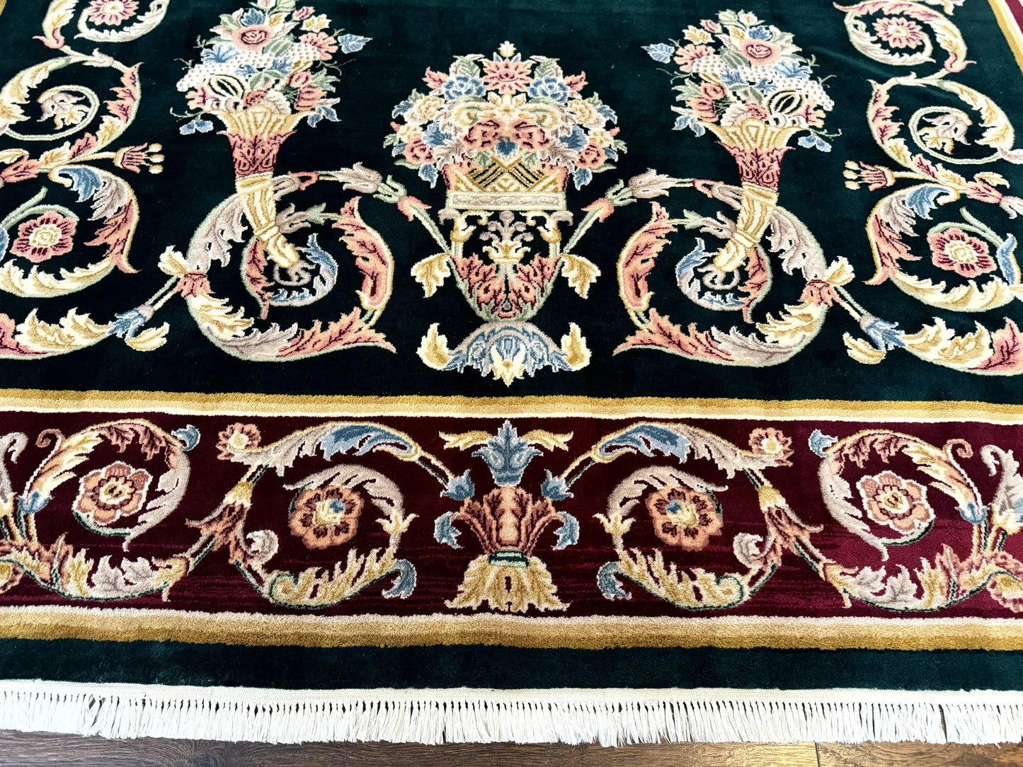 Aubusson Rug 9x12 Hand Knotted Wool Vintage European Design Dark Green Elegant Carpet