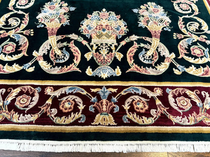 Aubusson Rug 9x12 Hand Knotted Wool Vintage European Design Dark Green Elegant Carpet