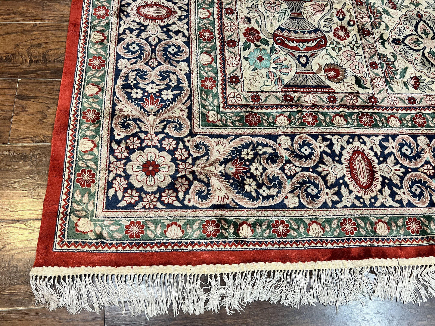 Silk Sino Persian Rug 9x12, Panel Design, Garden of Eden Pattern, Fine 200 KPSI, Hand Knotted Room Sized Silk Carpet, Vintage