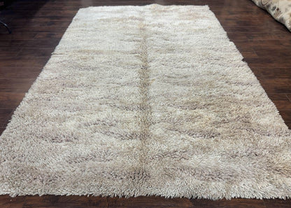 European Rya Shag Rug 6.6 x 9.7 Beige Fluffy Vintage Area Rug