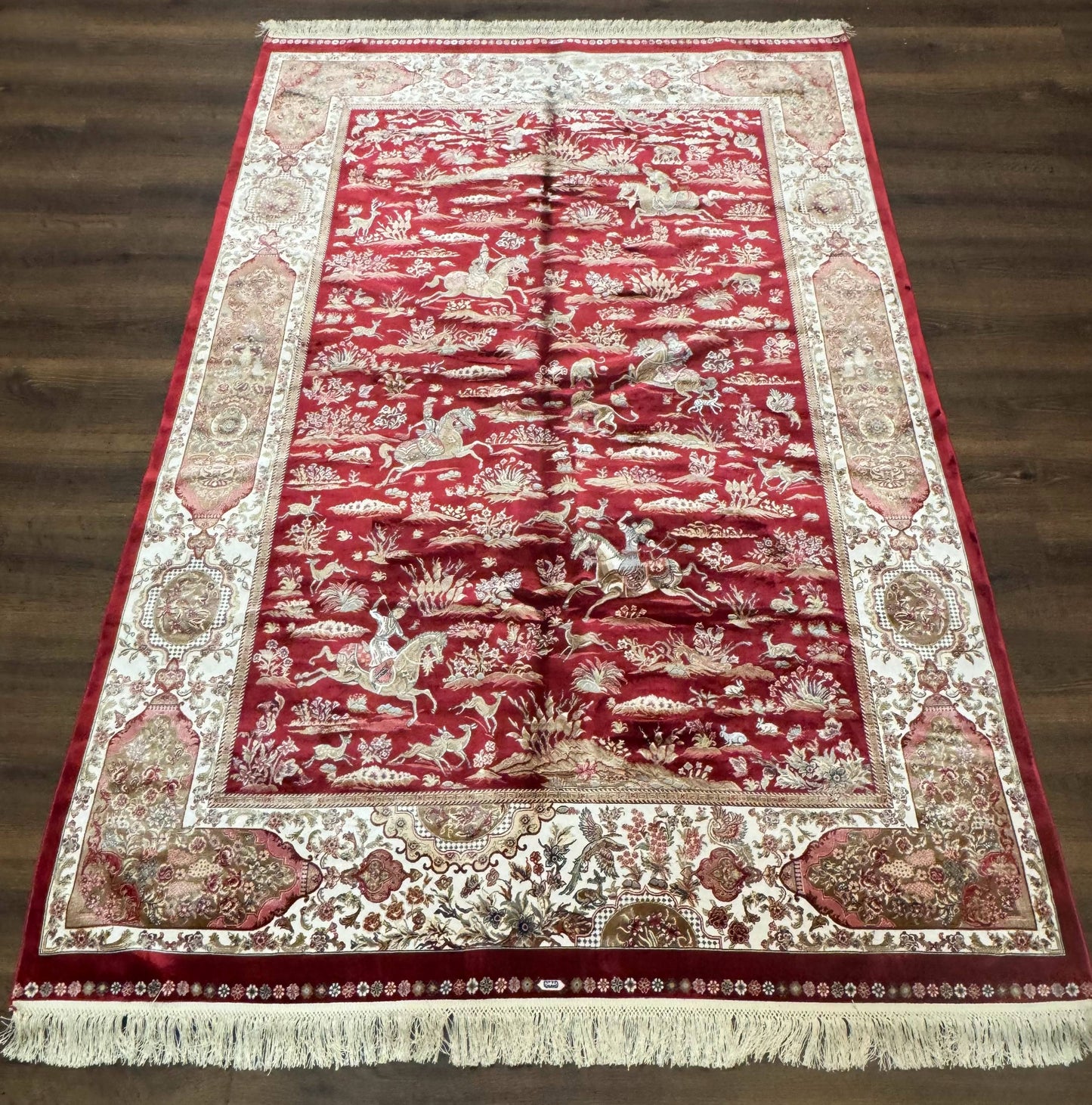 Turkish Silk Hunting Scene Rug 5 x 7.6 ft Red And Ivory Bamboo Silk