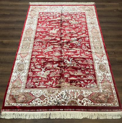 Turkish Silk Hunting Scene Rug 5 x 7.6 ft Red And Ivory Bamboo Silk