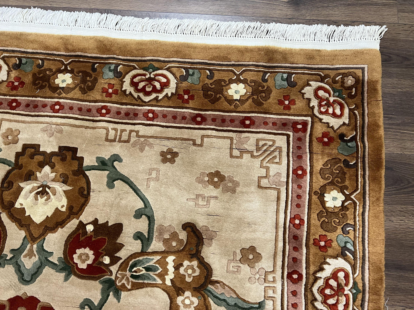 Chinese Wool Rug Hand Knotted Vintage Oriental Medallion Area Rug Pair Tan And Brown