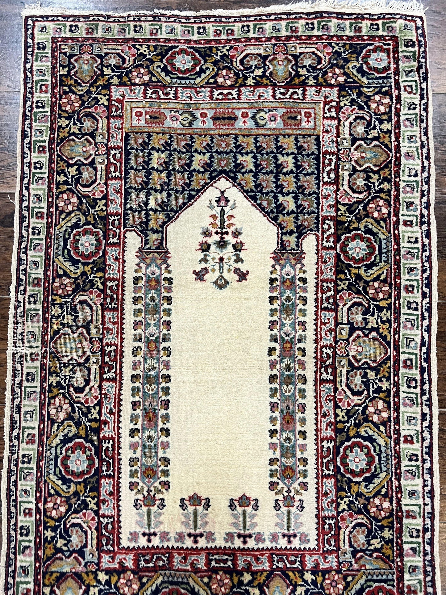 Turkish Prayer Rug Two Point Five By Four Vintage Wool Hand Knotted Ivory Carpet