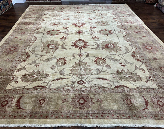 Large Peshawar Rug 11x14, Vintage Beige Chobi Carpet, Allover Floral Design, Hand Knotted, Wool, Room Sized Rug for Living Room Dining Room