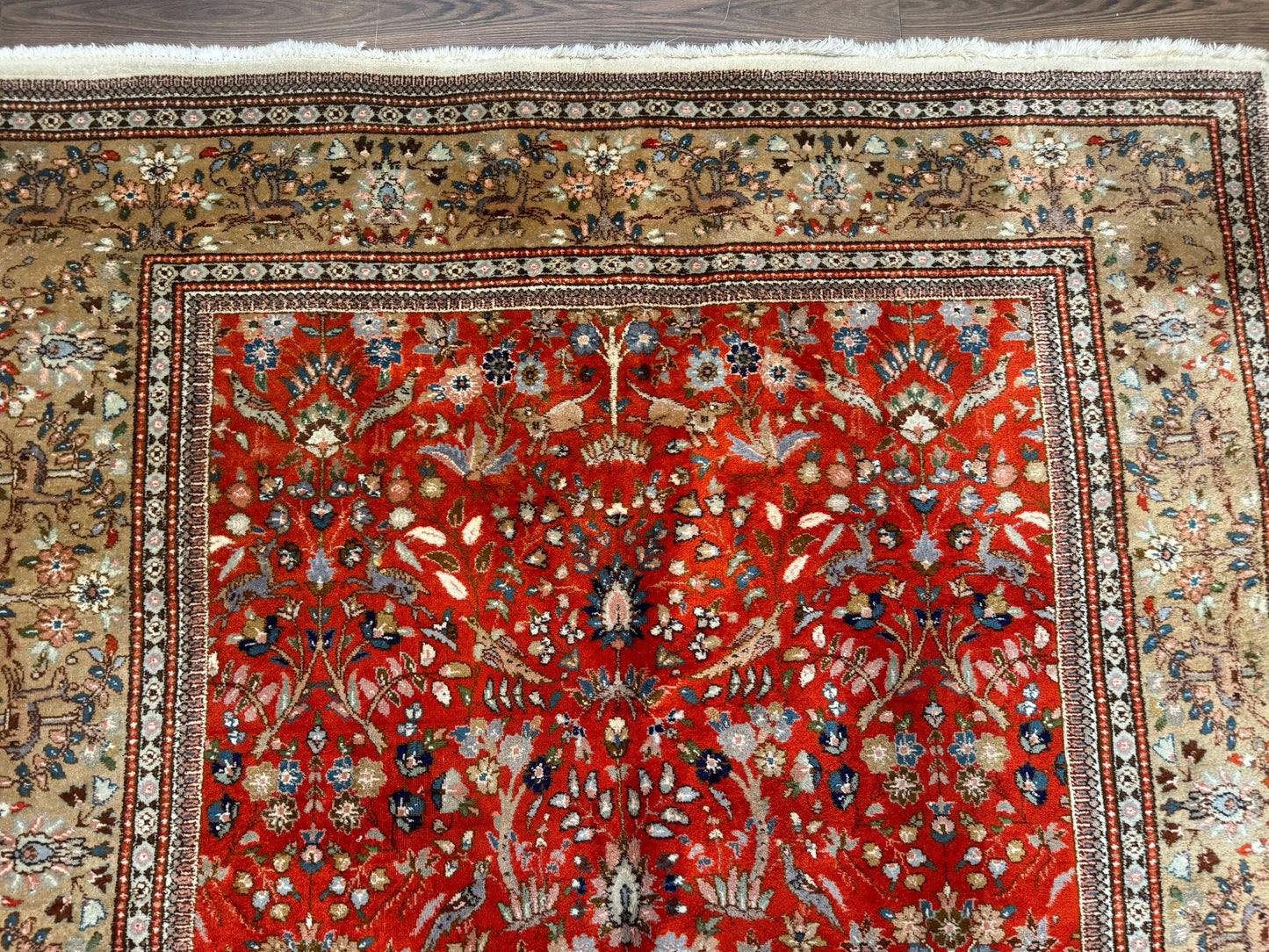 Persian Tabriz Rug 6x10, Burnt Orange and Tan, Animal Pictorials, Deer, Floral, Taba Tabae Carpet
