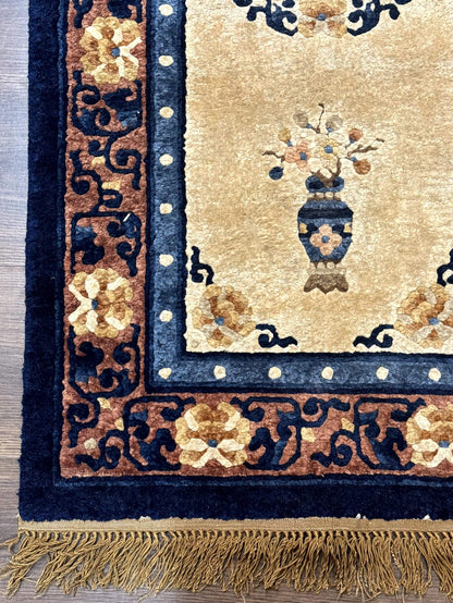 Silk Chinese Rug 2x4 Hand Knotted Peking Carpet In Golden Beige And Blue