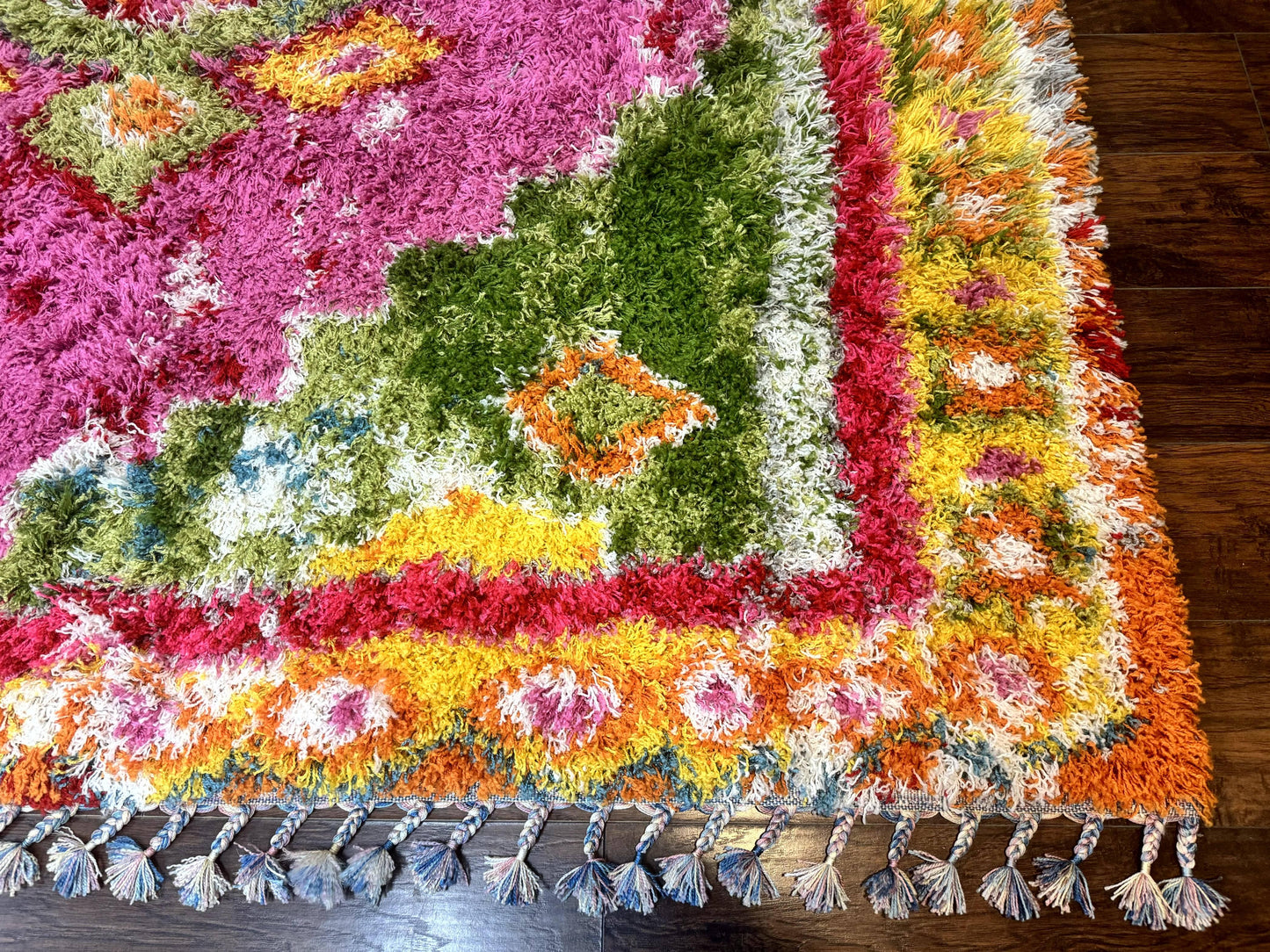 Colorful Shag Rug 8x10 Wool Area Rug In Fuchsia And Multicolor Vintage Power Loomed