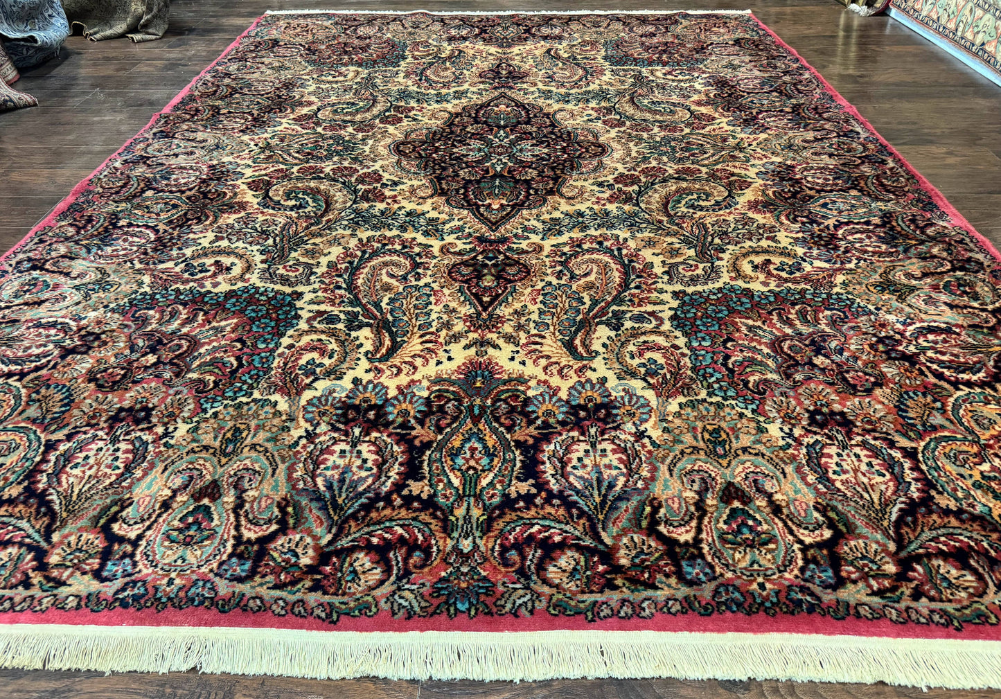 Antique Karastan Kirman Rug Imperial Kirman Ivory Eight Point Eight By Twelve Power Loomed Wool