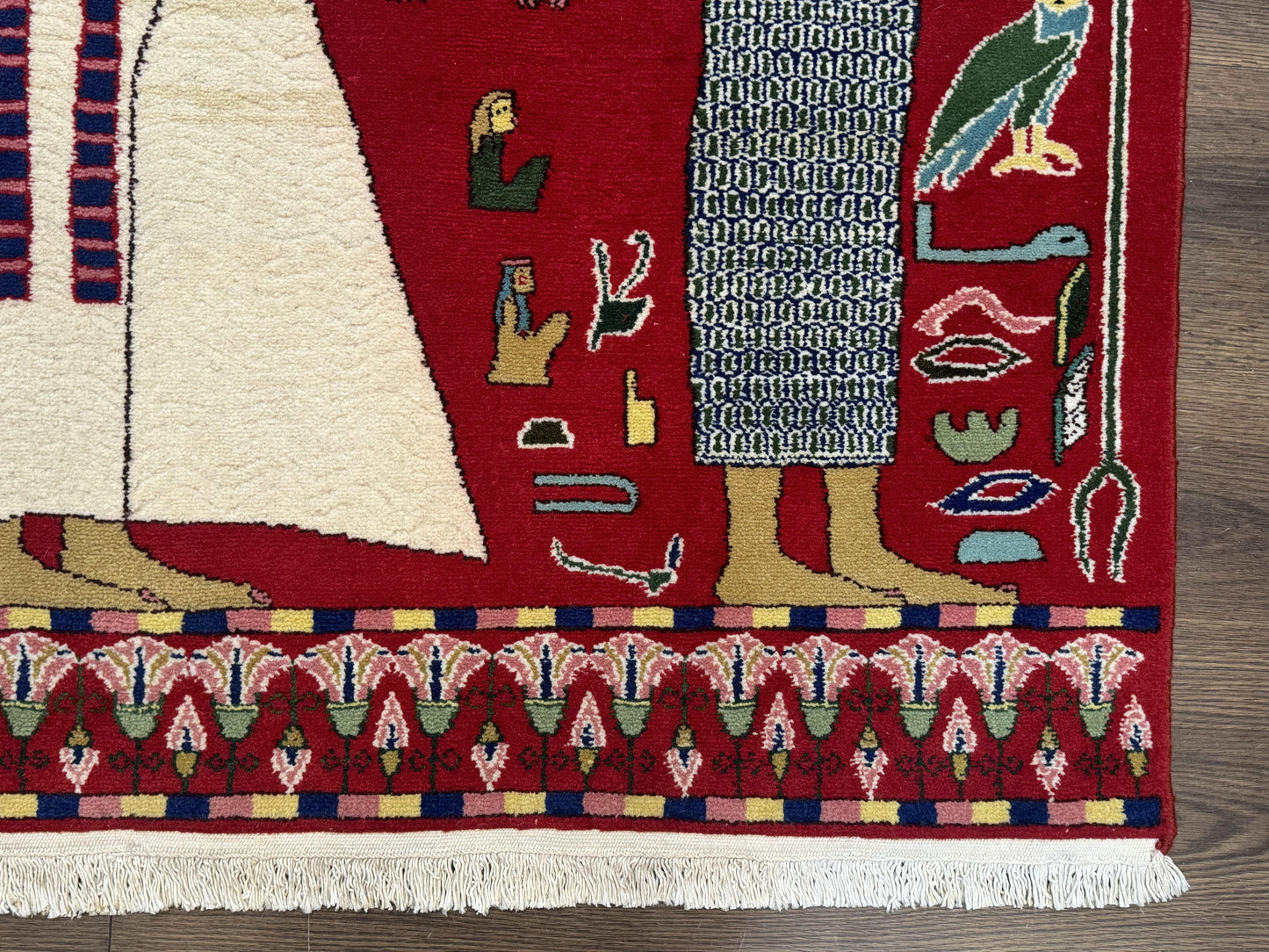 Egyptian Pictorial Rug 3x4, Hieroglyphic Pictorial Rug, Egyptian Prince and Princess, Cleopatra, Vintage Handmade, Red