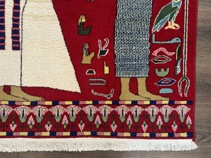 Egyptian Pictorial Rug 3x4, Hieroglyphic Pictorial Rug, Egyptian Prince and Princess, Cleopatra, Vintage Handmade, Red