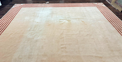 Modern Tibetan Rug 11 x 14.6, Wool and Silk, Simple Design, Handmade Large Area Rug, Cream