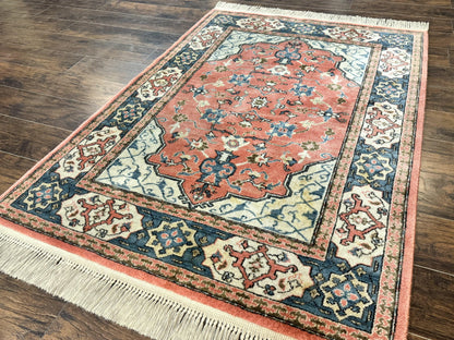 Karastan Rug 4x6 Bergama Design #737, Karastan Area Rug, Vintage Wool Karastan Carpet, Original Collection 700 Series, Salmon Red Light Blue