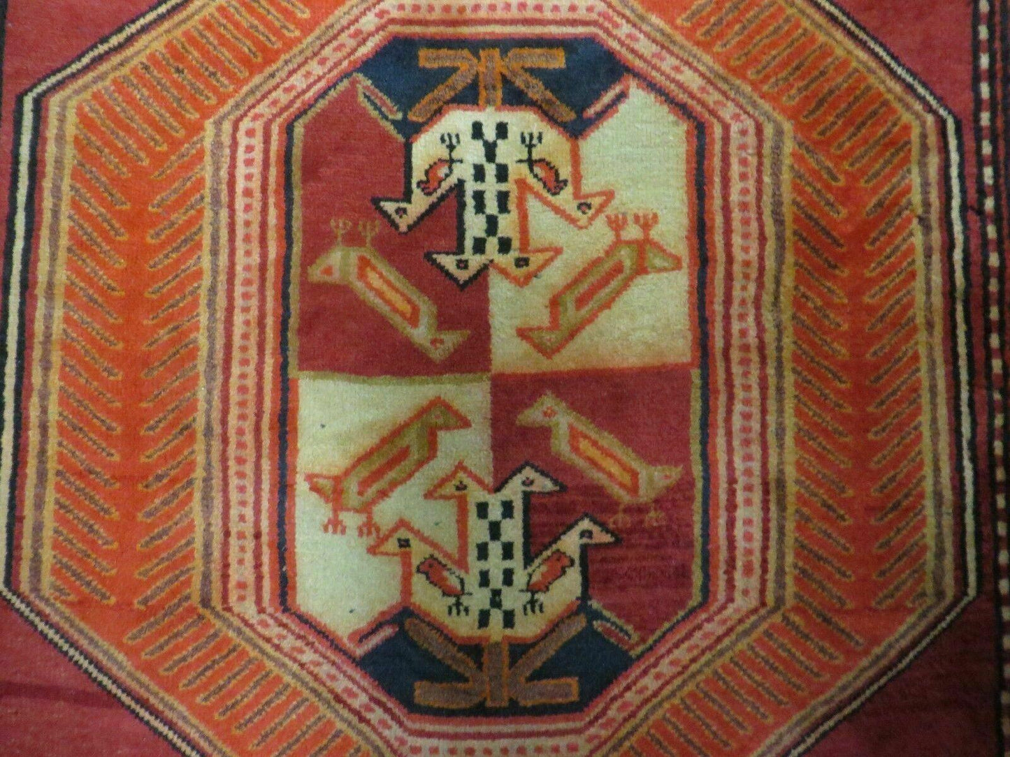 Antique Turkish Kazak Wool Rug Shield Hand Knotted 4 Ft 10 In By 11 Ft