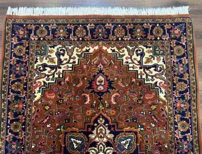 Indo Persian Heriz Rug 4x6 Handmade Wool Vintage Rust Red Navy Cream