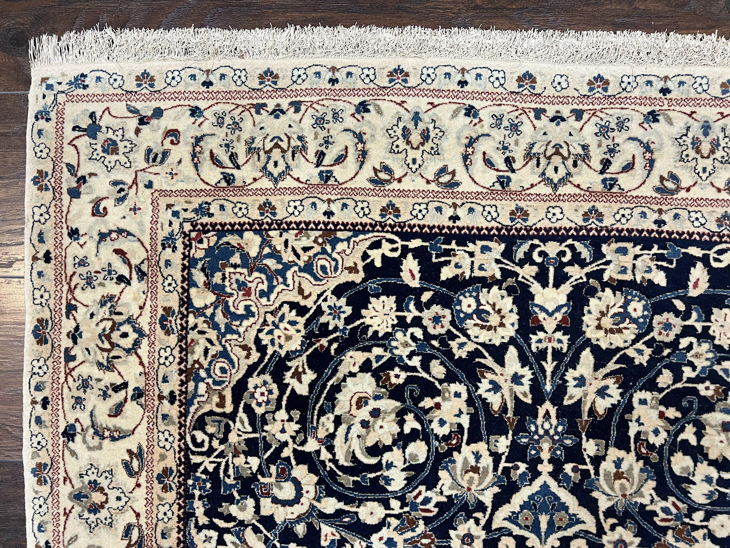 Persian Nain Rug Hand Knotted Wool and Silk Accents With Floral Medallion Navy Blue Ivory Cream