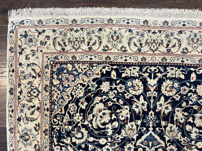 Persian Nain Rug Hand Knotted Wool and Silk Accents With Floral Medallion Navy Blue Ivory Cream