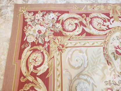 Aubusson Rug 6x9 Flatweave Wool Hand Woven Cream And Red