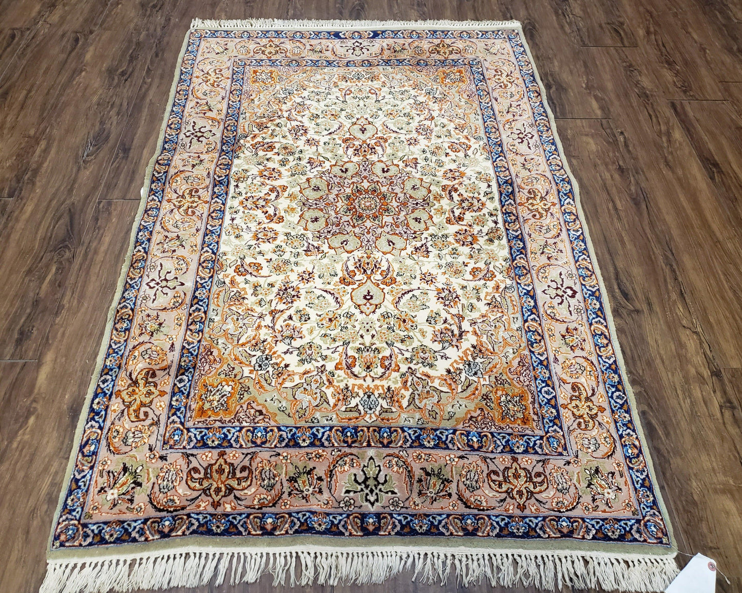 Premium Persian Isfahan Lachak Toranj Rug Hand Knotted Kork Wool On Silk Beige And Dark Blue 3 Ft 6 In By 5 Ft 4 In