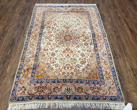 Premium Persian Isfahan Lachak Toranj Rug Hand Knotted Kork Wool On Silk Beige And Dark Blue 3 Ft 6 In By 5 Ft 4 In