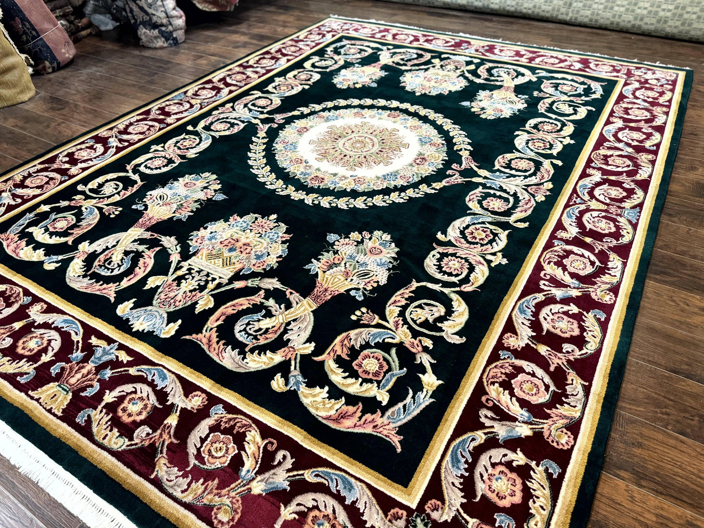 Aubusson Rug 9x12 Hand Knotted Wool Vintage European Design Dark Green Elegant Carpet