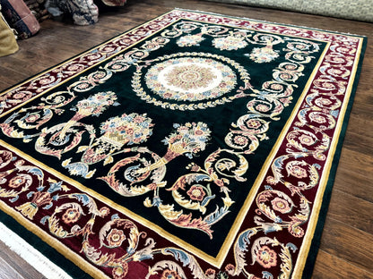 Aubusson Rug 9x12 Hand Knotted Wool Vintage European Design Dark Green Elegant Carpet