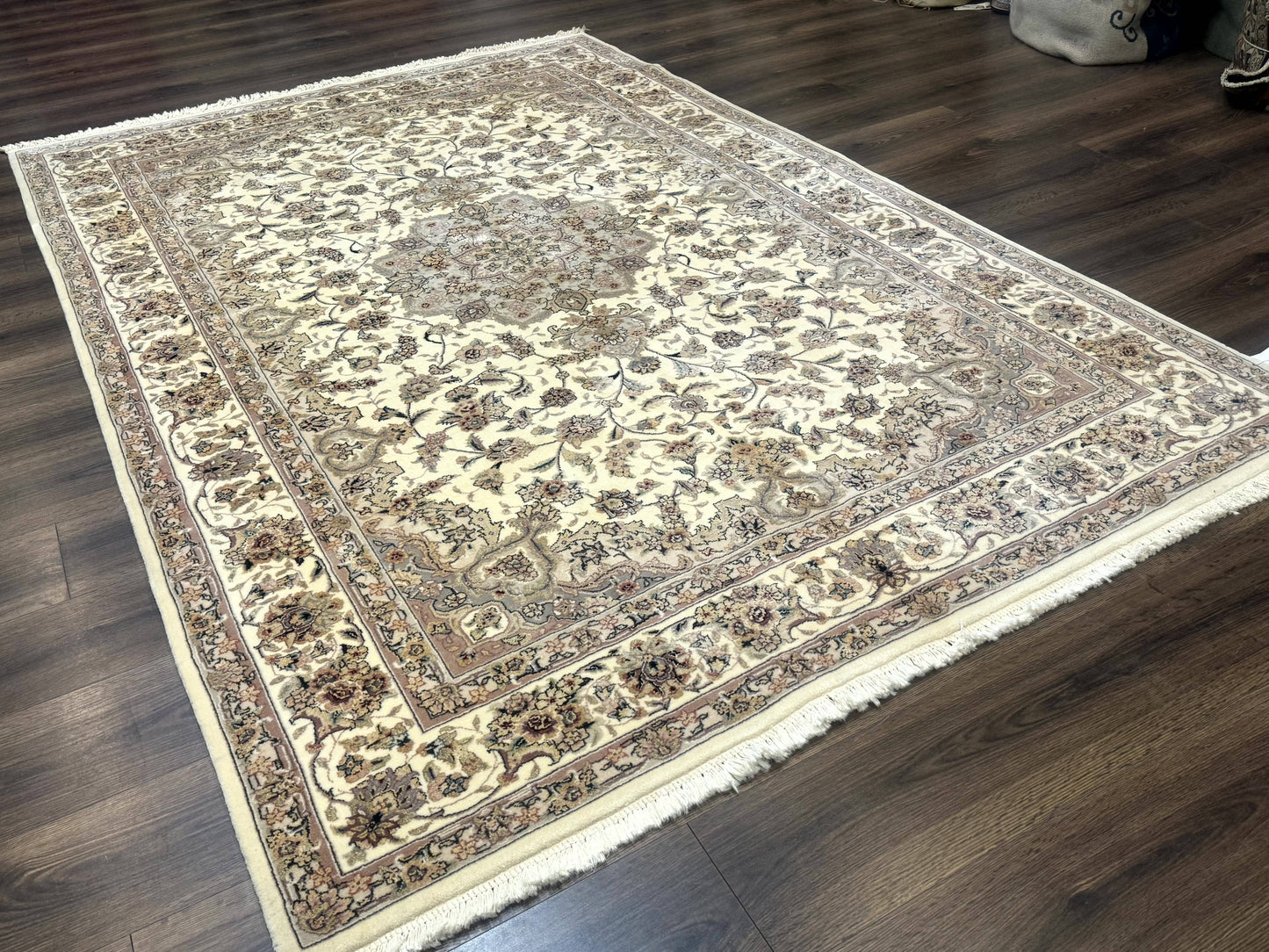 Sino Persian Rug 6x9 Floral Medallion Ivory And Taupe Wool Silk Highlights