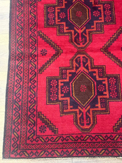 Balouch Afghan Rug 4x7 Hand Knotted Wool Contemporary Tribal Carpet Red And Navy