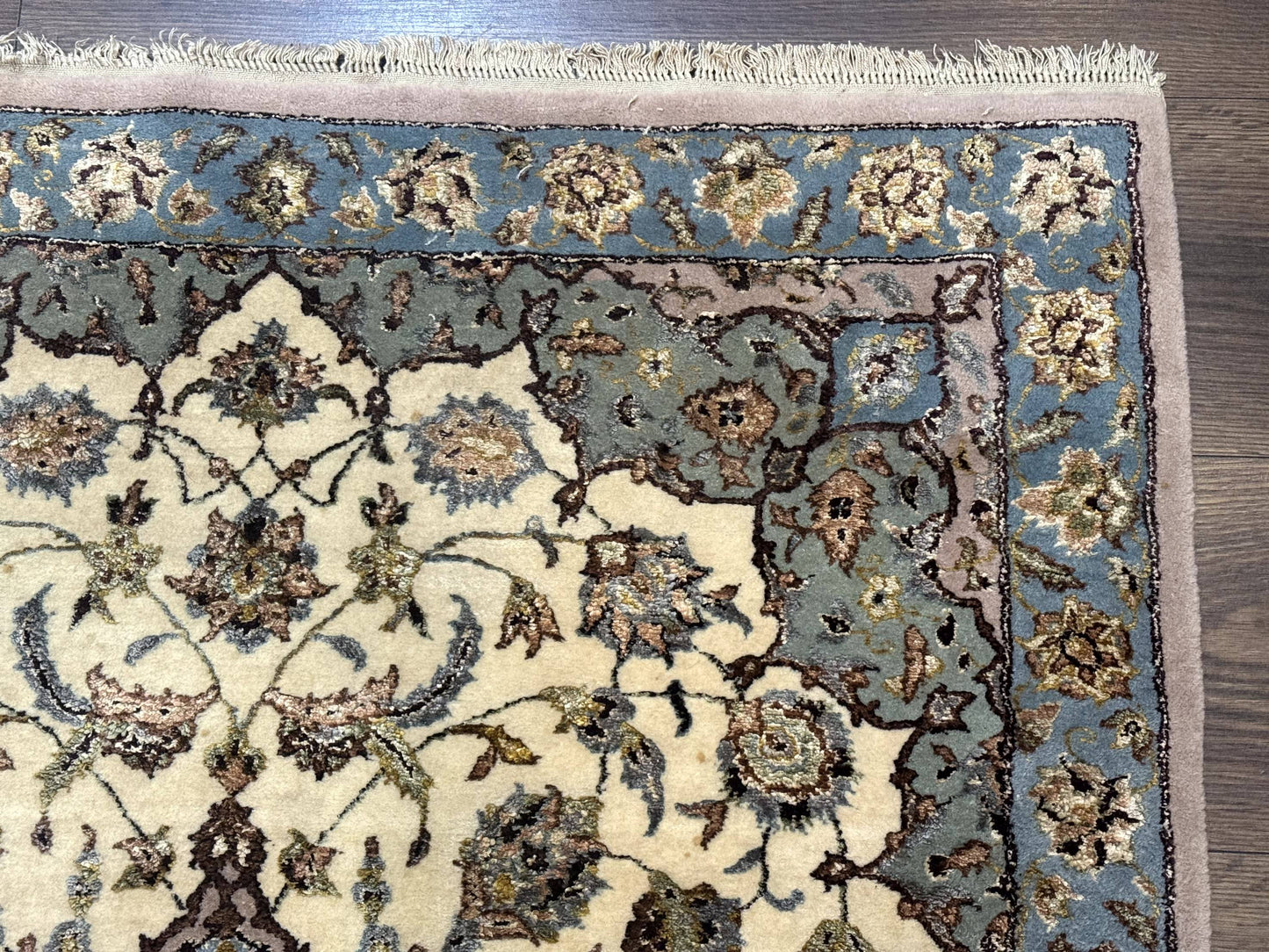 Persian Isfahan Rug 3x5, Fine 310 KPSI, Kork Wool Silk Foundation, Cream & Light Green