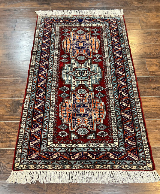 Kazak Rug Vintage Handmade Wool 3x5 Ft Pakistani Geometric Dark Red Oriental Carpet