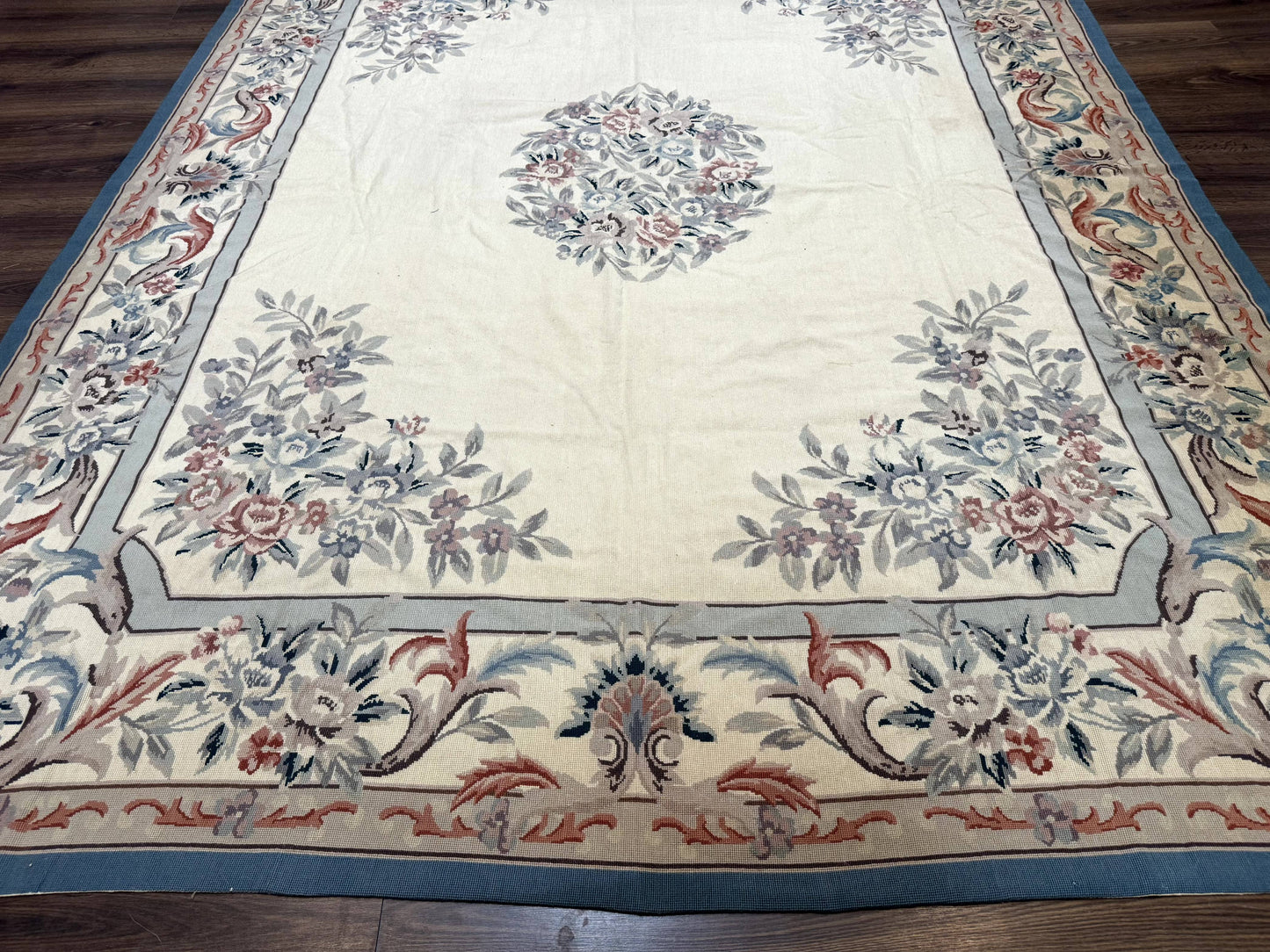 Ivory Needlepoint Rug 8x10, Wool Handmade Carpet